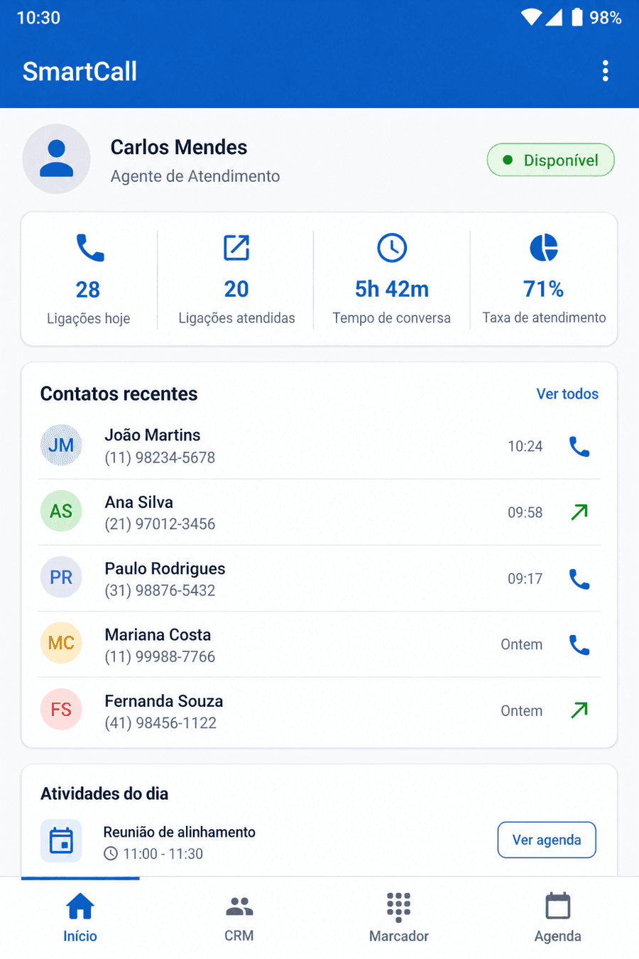 SmartCall no telemóvel: ecrã inicial da equipa